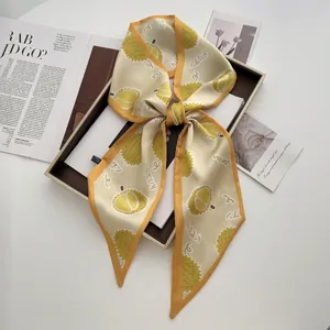 Écharpe Twilly en Satin Jaune avec Imprimé Fruit Durian pour Femmes Écharpe Étroite Style Soie Bandeau Cheveux Ceinture Décorative