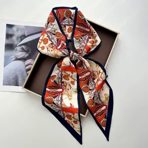 Women Elegant Equestrian Horse Print Satin Scarf Vintage Reins Chain Pattern Long Ribbon Scarf Hair Band Waist Belt Fashion Accessories