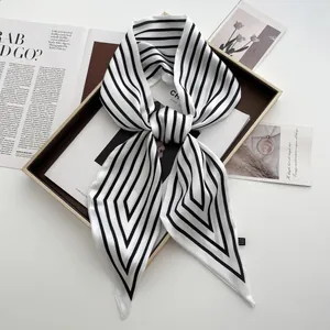 Damen Eleganter Gestreifter Satin Schmaler Schal Twilly Haarband Taillengürtel Krawatte Geometrische Linien Print Langer Schal Modisches Accessoire