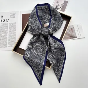 Women Fashion Paisley Printed Satin Scarf Retro Elegant Navy Blue Neck Scarf For Travel Office Daily Wear Decorative Scarf