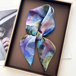 Artistic blue and green floral silk scarf with watercolor print in elegant gift box
