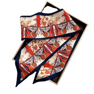 Elegant horse print satin twilly scarf with equestrian motifs in orange and white