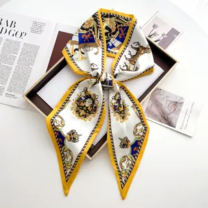Vintage Court Style Satin Scarf Women Crown Horse Emblem Print Long Twilly Ribbon Silk-Like Neck Scarf Hair Band Waist Wrap