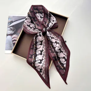 Vintage Horse Chain Print Satin Long Skinny Scarf For Women Elegant Twilly Hair Band Bag Handle Wrap Silk Feel Neck Scarf