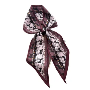 Elegant horse and chain print satin silk scarf tied in a bow with deep purple and pink tones
