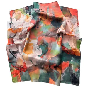 Retro floral silk square scarf featuring red dragonfly and pink flower artistic prints
