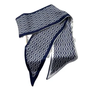 Navy and white geometric diamond print silk satin twilly scarf for women