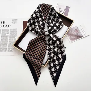 Women Satin Houndstooth Skinny Scarf Vintage Geometric Grid Print Twilly Hairband Elegant Neck Tie For Bag Accessory