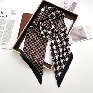 Fashionable houndstooth and orange plaid patchwork satin twilly scarf for women