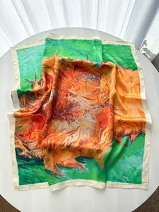 Detailed texture of Van Gogh sunflower print on elegant silk-like square scarf for women