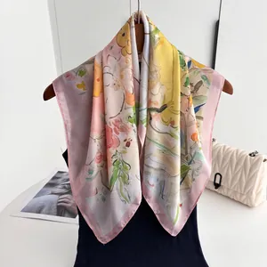 Carré de Soie Satin pour Femmes Élégant Imprimé Fleurs Peinture à l'Huile Foulard Mode Cou Tête Châle Léger Accessoire