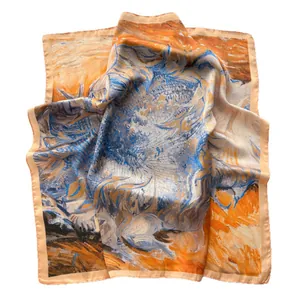 Abstract oil painting style square silk scarf with vibrant sunflowers print for women