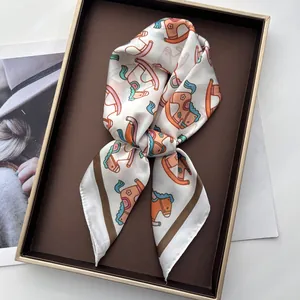 Silk-like satin square scarf with colorful rocking horse patterns in a luxury gift box