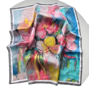 Elegante pañuelo cuadrado de seda con estampado de flores al óleo y narcisos artísticos
