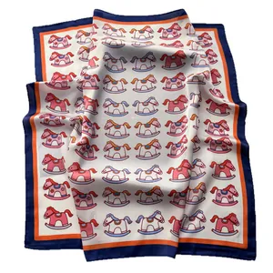 Silky square scarf with colorful rocking horse print and navy orange border design