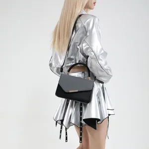Linen contrast color crossbody bag with gold metal buckle and leather handle for women
