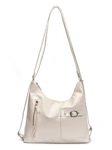 Minimalist beige glossy patent leather backpack with multi-functional pockets and long straps