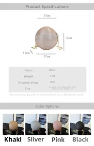 Detailed size specifications for the mini rhinestone evening ball bag with 120cm chain