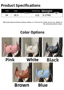 Size chart showing crescent shoulder bag dimensions 24x18.5x7cm in five color options