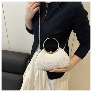 Close-up of white lace embroidery texture and golden ring handle on elegant clutch