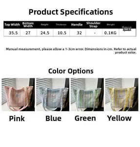 Tableau des tailles pour grand sac cabas en toile rayée avec dimensions en quatre coloris