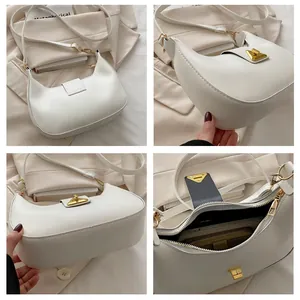 Four views of a white crescent shoulder bag showing interior space and gold hardware