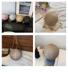 Detailed views of mini sphere evening bags with chain straps in four color options
