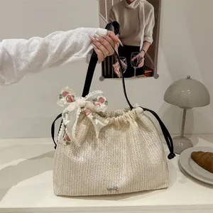 Large woven tote bag with lace bow and rose embroidery for summer beach vacations