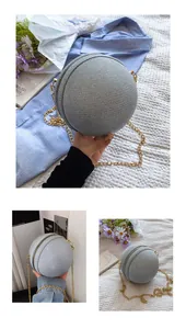 Close-up of spherical grey woven mini bag with gold chain and circular zip closure