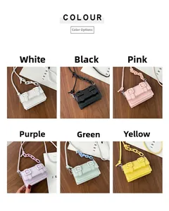 Mini crossbody bags displayed in six vibrant colors with thick chain handles and straps