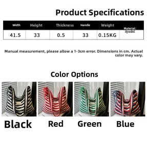 Size chart and dimensions for large striped canvas tote bag in four classic colors