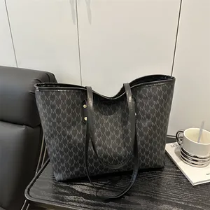 Women Large Capacity M Monogram Printed PU Leather Tote Bag Fashion Commuter Shoulder Bag Vintage Gold Rivets Handbag Shopping Bag