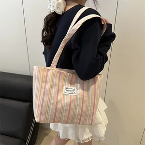 Sac cabas en toile à rayures roses et jaunes avec bandoulière pour le quotidien
