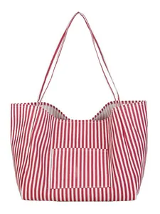 Large capacity red and white striped canvas tote bag with front pocket for daily use