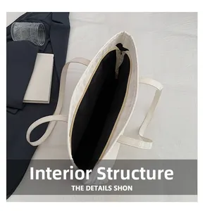 Internal view of minimalist white tote bag showing black lining and zipper closure