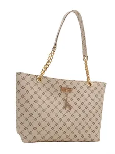 Minimalist beige tote bag with brown geometric diamond pattern and gold chain handles