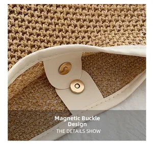 Detail of retro woven tote featuring magnetic closure and white leather trim