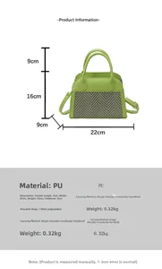 Size chart showing green PU leather pillow bag dimensions and adjustable strap detail