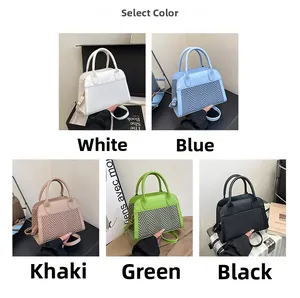 Detail view of woven V-texture handbags in white, blue, khaki, green, and black