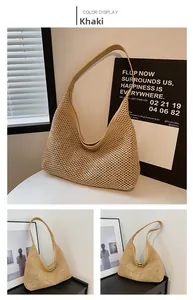 Detail of khaki woven tote bag with premium leather shoulder strap in French retro style