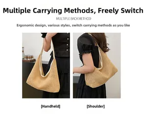 Close-up of woven straw tote bag showing versatile carrying ways as handbag and shoulder bag