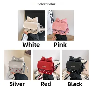 Mini crossbody bags with bow design and polka dots in white, pink, silver, red, and black