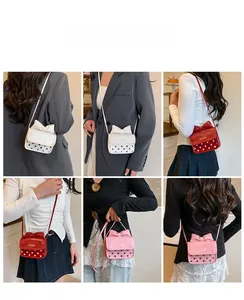 Collage of mini crossbody bags with bow and polka dots in white, red and pink