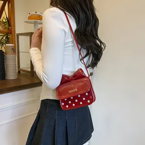 Cute red vintage bow shoulder bag with white polka dots for girls and women