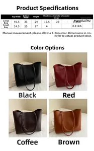 Size chart showing large and small tote bag dimensions and available color options
