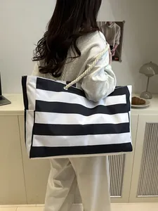 Große Kapazität Gestreifte Segeltuch Tote Bag Für Damen Lässige Mode Schultertasche Mit Seilgriff Strand Urlaub Shopper Handtasche