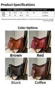 Detailed size specifications table and multi-color view of large PU leather bucket bag set