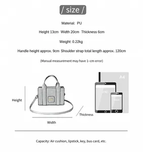 Tableau des tailles pour le mini sac cabas gris montrant les dimensions 20x13x6cm et l'usage