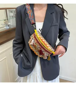 Detailed shot of ethnic crossbody bag with geometric weaving and colorful tassels