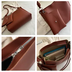 Detailed views of brown PU leather bucket bag set with silver zipper and large interior